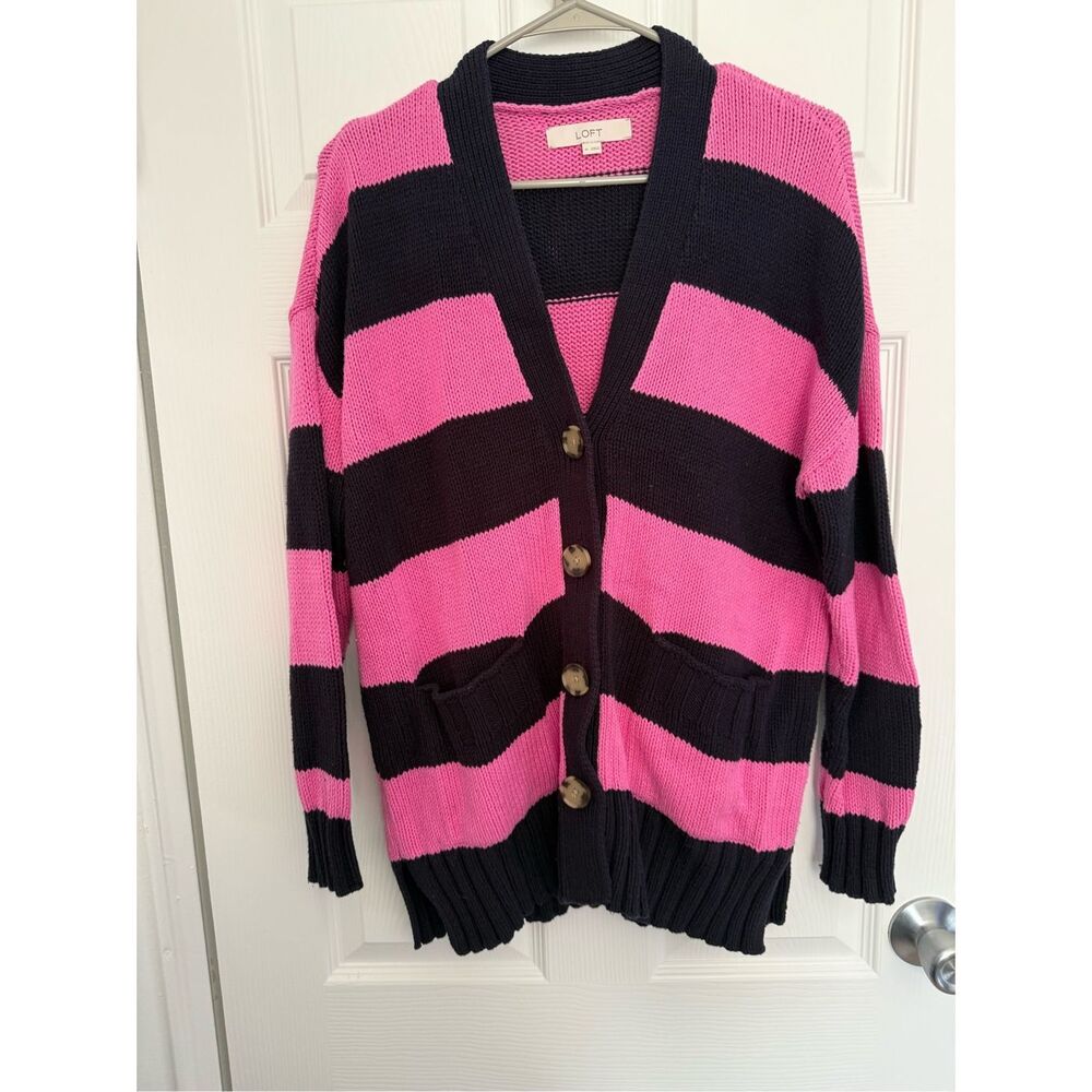 LOFT navy and Hot Pink Striped Button Cardigan